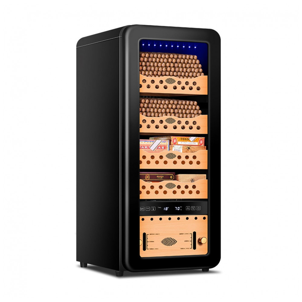 Humidor Elétrico RCJCQSR Preto com Resfriamento, Aquecimento e Controle de Umidade para 500 Charutos com Gavetas de Cedro Espanhol 110V