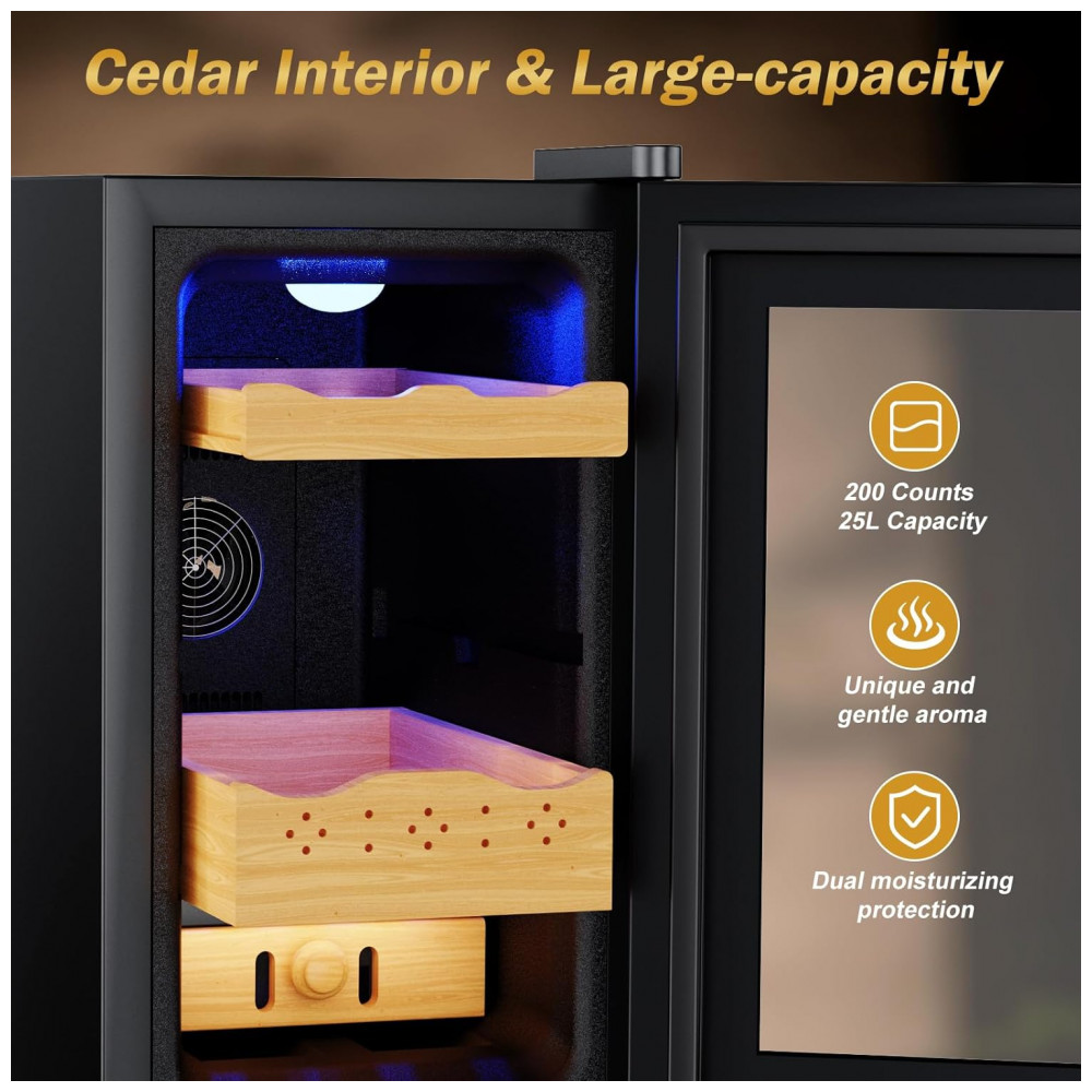 Humidor Elétrico Velivi Preto 25L Controle Digital Temperatura Trava Segurança 115V