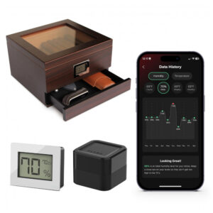 Humidor para Charutos Case Elegance Marrom com Tampa de Vidro e Monitoramento Digital por WiFi