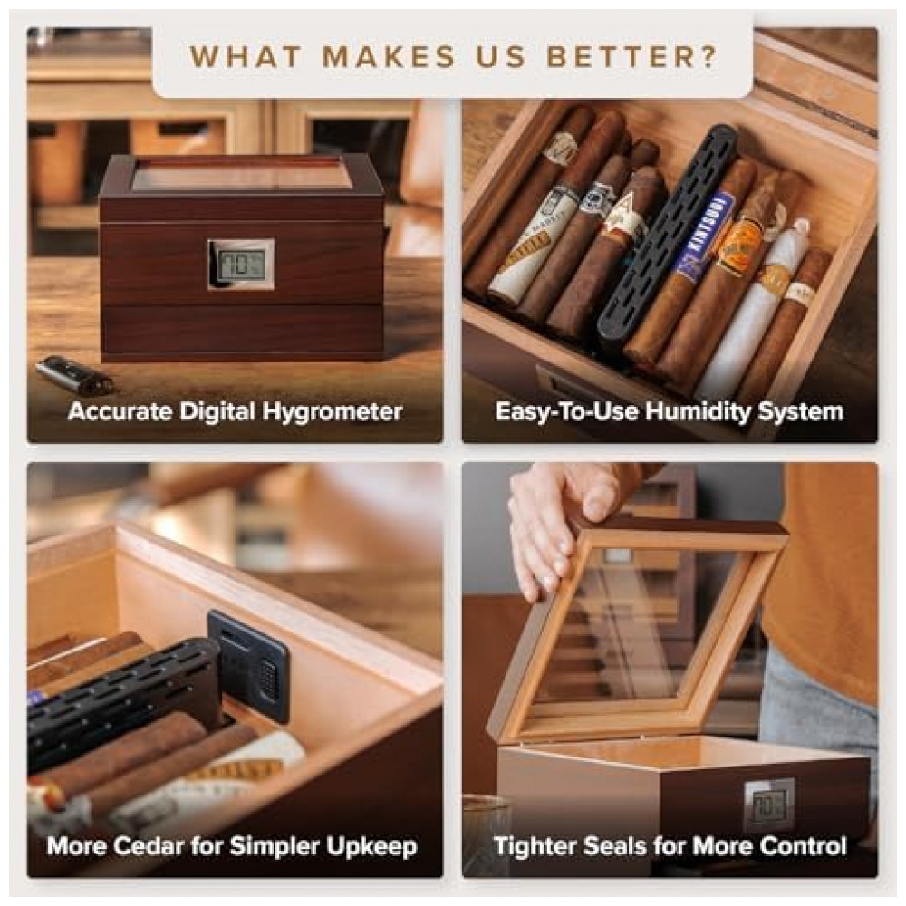 Humidor para Charutos Case Elegance Marrom com Tampa de Vidro e Monitoramento Digital por WiFi