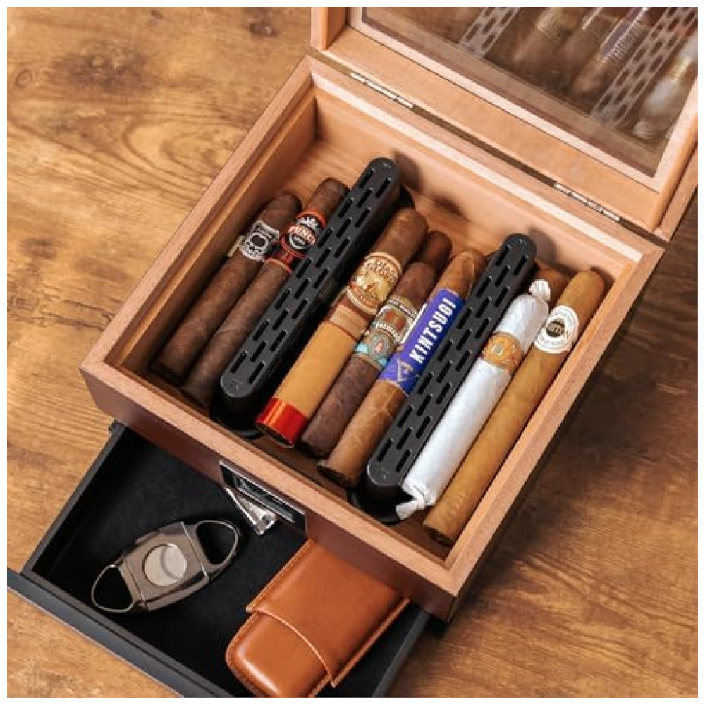 Humidor para Charutos Case Elegance Marrom com Tampa de Vidro e Monitoramento Digital por WiFi
