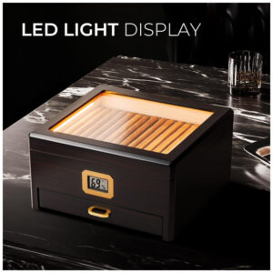 Humidor Woodronic Ébano Capacidade 25 50 Charutos com LED Higrômetro Digital Gaveta Acessórios