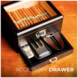 Humidor Woodronic Ébano Capacidade 25 50 Charutos com LED Higrômetro Digital Gaveta Acessórios