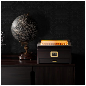 Humidor Woodronic Ébano Capacidade 25 50 Charutos com LED Higrômetro Digital Gaveta Acessórios