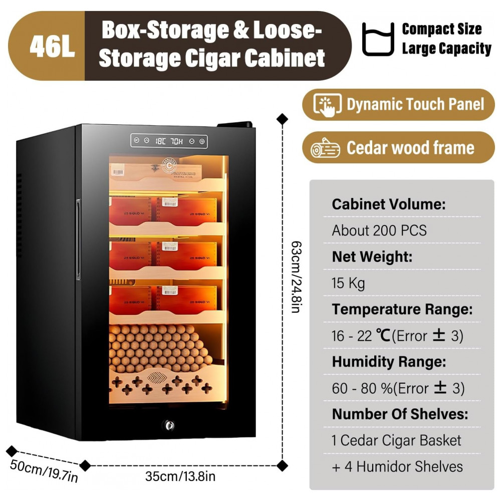 Humidor para Charutos Elétrico PRECISTECH Preto 46 Litros 200 Charutos Termoelétrico 110V