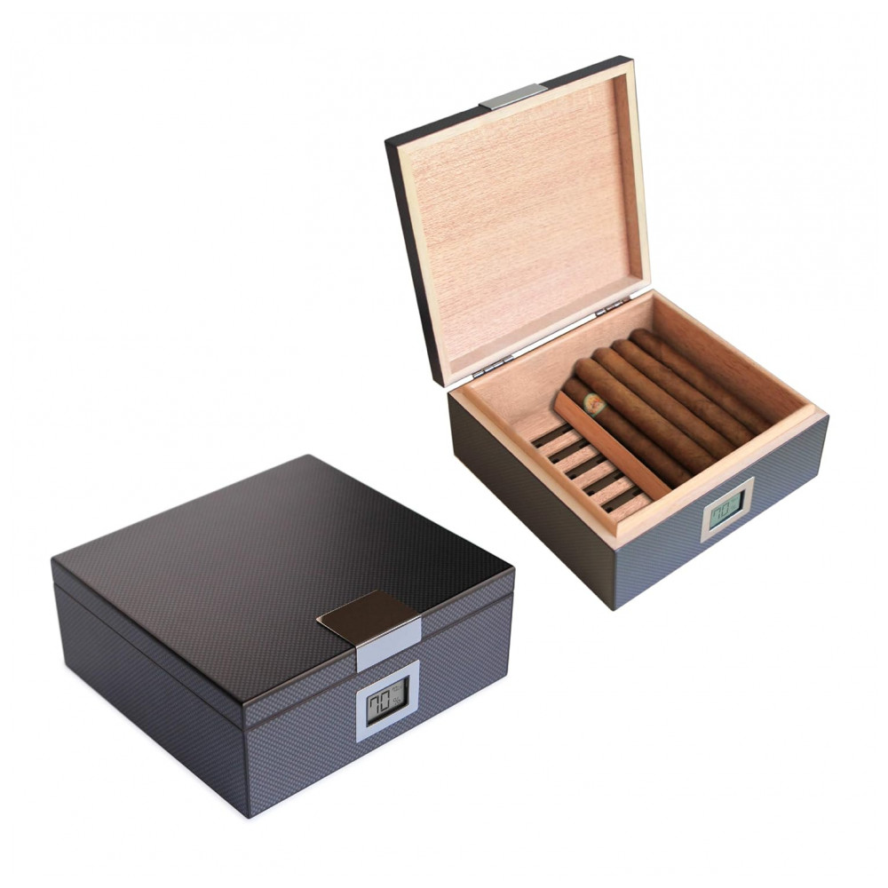Humidor para Charutos Case Elegance Preto Cedro Espanhol Higrômetro Digital 25 50 Unidades