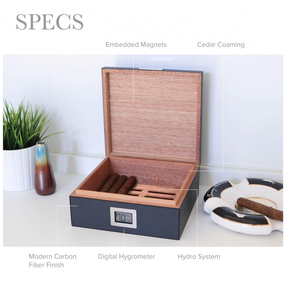 Humidor para Charutos Case Elegance Preto Cedro Espanhol Higrômetro Digital 25 50 Unidades