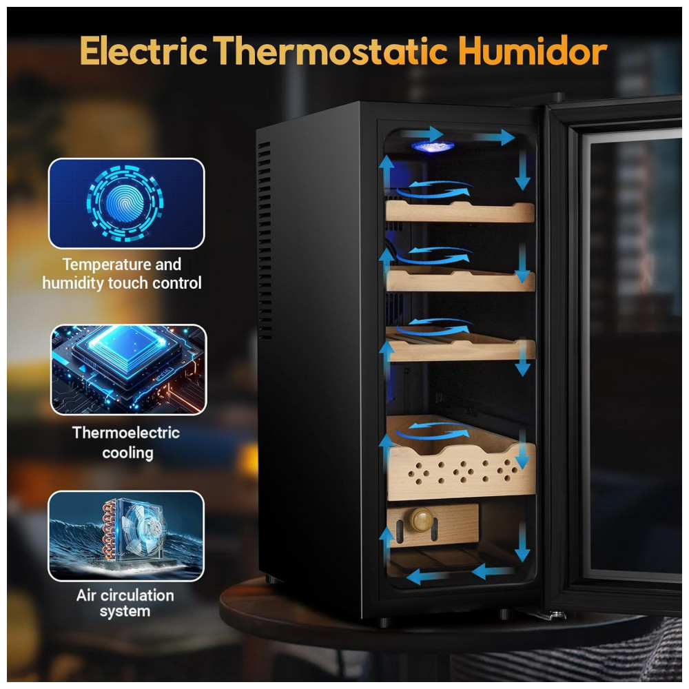 Humidor Elétrico Velieta Marrom e Preto 35L com Prateleiras de Cedro Espanhol e Tela LED 115V