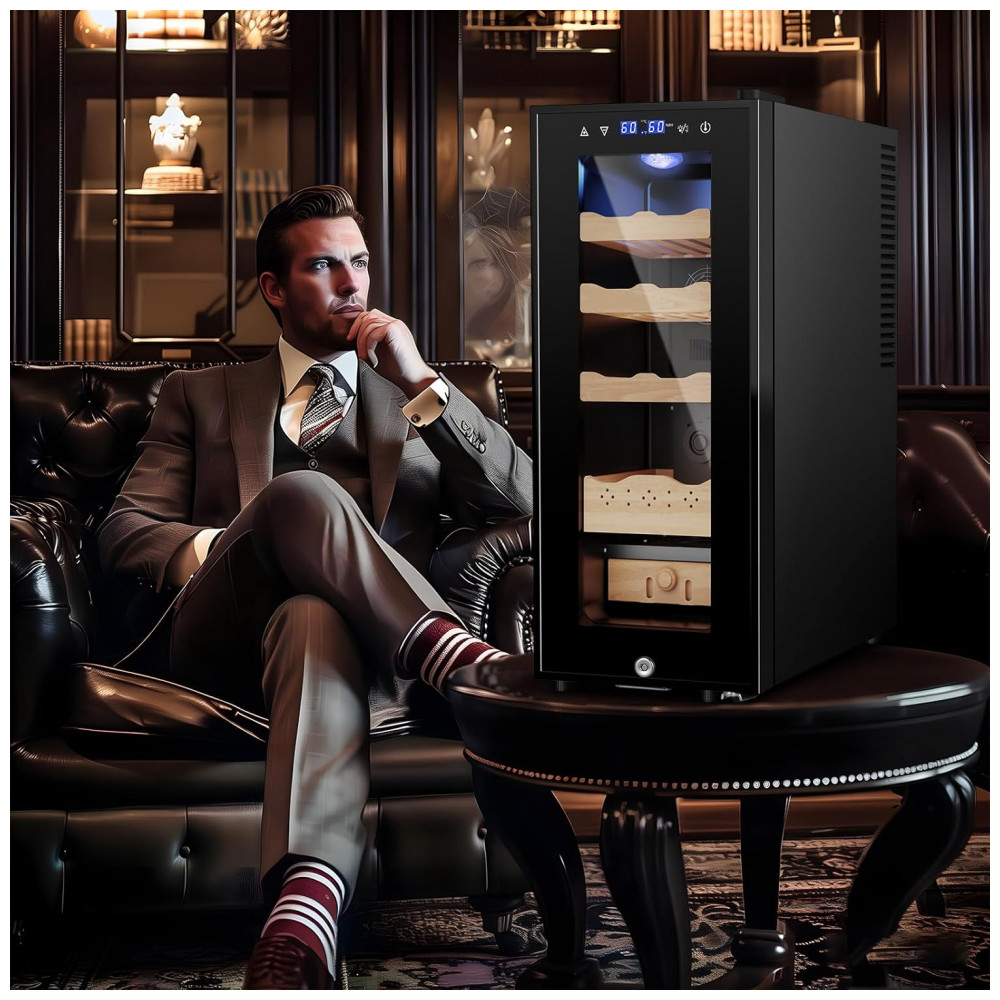 Humidor Elétrico Velieta Marrom e Preto 35L com Prateleiras de Cedro Espanhol e Tela LED 115V