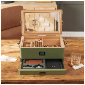 CASE ELEGANCE Military Glass Top Humidor com Cedro Espesso e Higrômetro Digital Klaro WiFi para Monitoramento Remoto
