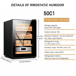 Humidor Elétrico Fablestoryem Preto 50L com Controle de Temperatura e Umidade para 200 300 Charutos 110V