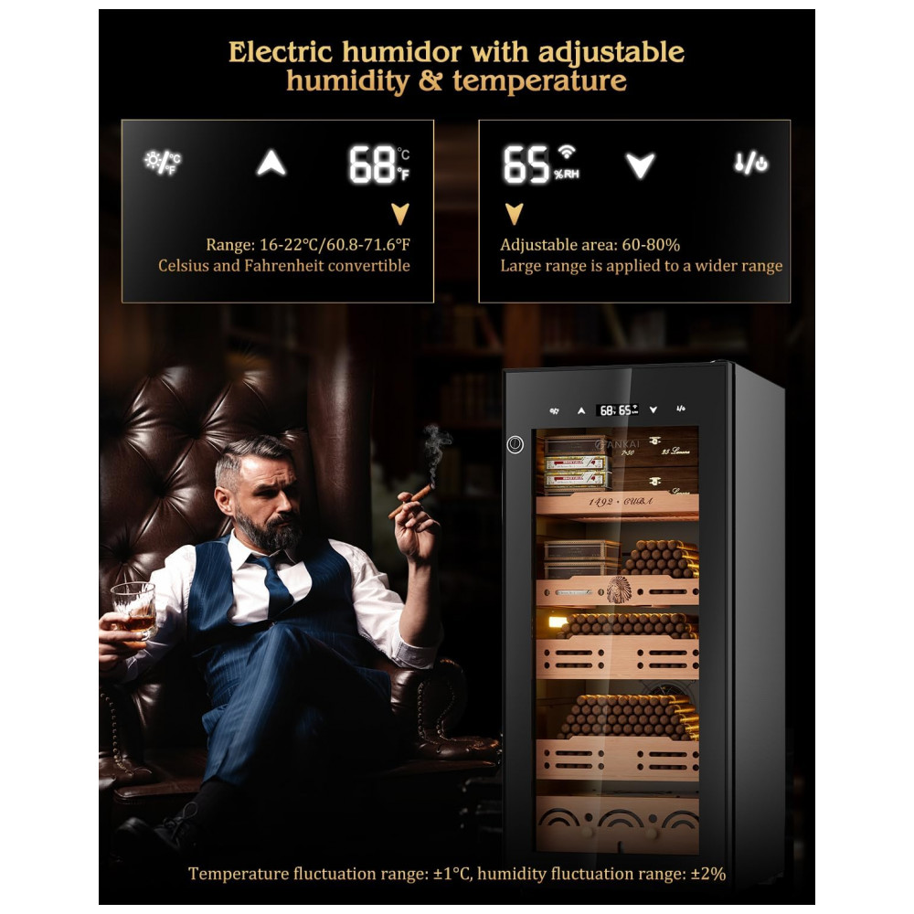 Humidor Elétrico FANKAI Preto 105L Controle Termostático Umidostático Prateleiras Cedro LED Fechadura Digital 110V