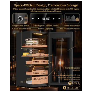 Humidor Elétrico FANKAI Preto 105L Controle Termostático Umidostático Prateleiras Cedro LED Fechadura Digital 110V