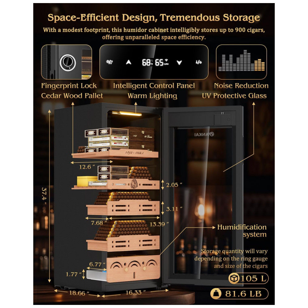 Humidor Elétrico FANKAI Preto 105L Controle Termostático Umidostático Prateleiras Cedro LED Fechadura Digital 110V