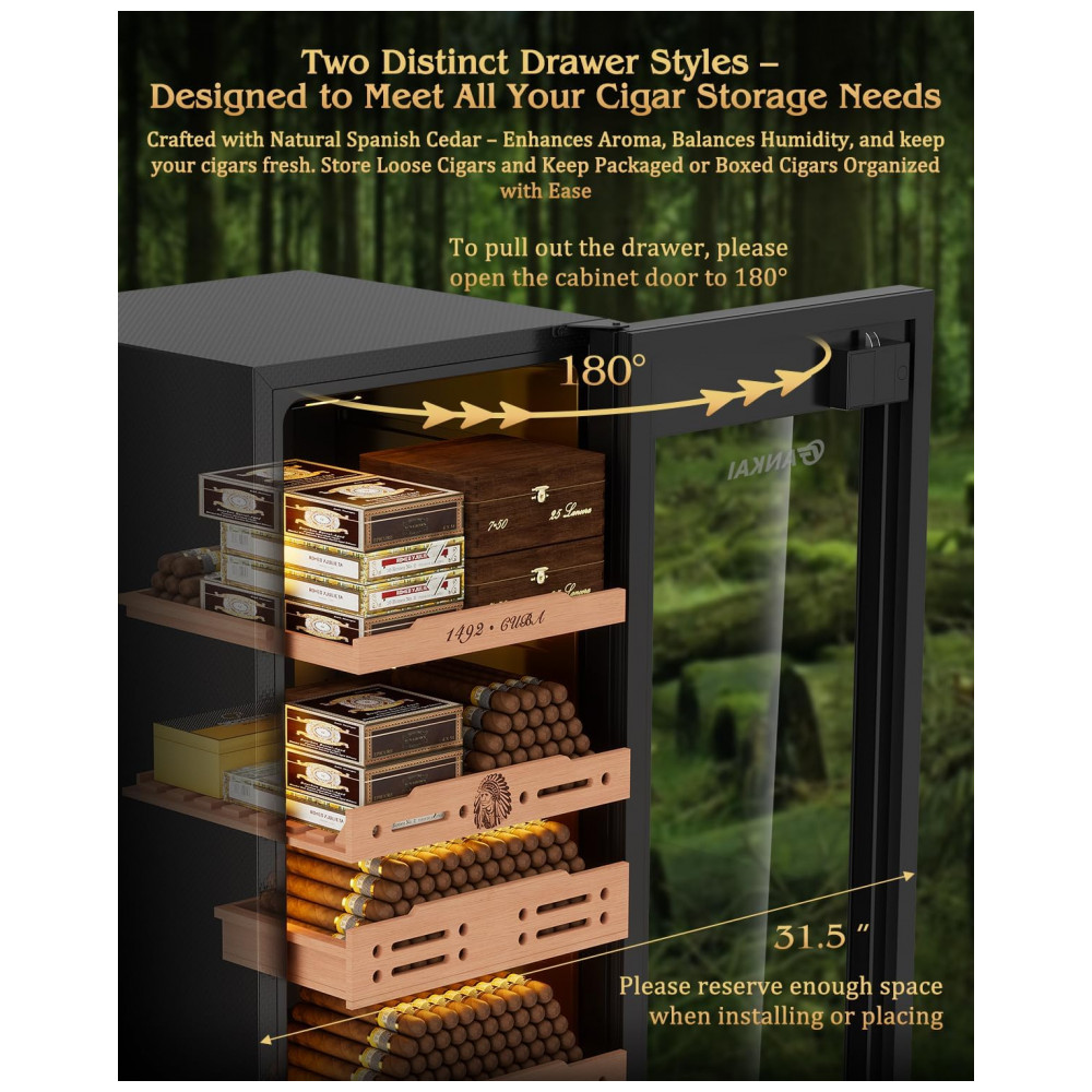 Humidor Elétrico FANKAI Preto 105L Controle Termostático Umidostático Prateleiras Cedro LED Fechadura Digital 110V