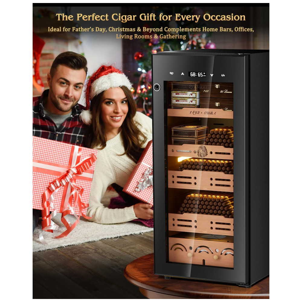 Humidor Elétrico FANKAI Preto 105L Controle Termostático Umidostático Prateleiras Cedro LED Fechadura Digital 110V