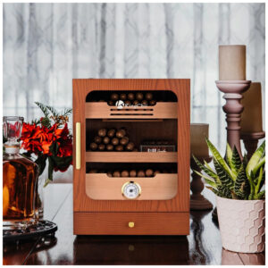 Humidor para Charutos KingChii Marrom Sistema de Controle de Luz LED 3 Compartimentos 100 Charutos 110V