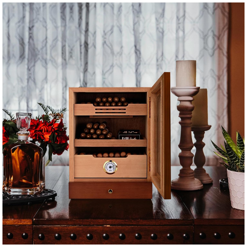 Humidor para Charutos KingChii Marrom Sistema de Controle de Luz LED 3 Compartimentos 100 Charutos 110V