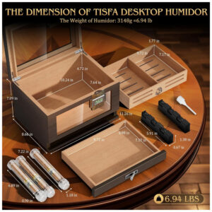Humidor TISFA Marrom Madeira de Cedro com 2 Higrômetros Digitais e Sistema de Umidificação 50 65 Charutos