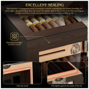 Humidor TISFA Marrom Madeira de Cedro com 2 Higrômetros Digitais e Sistema de Umidificação 50 65 Charutos