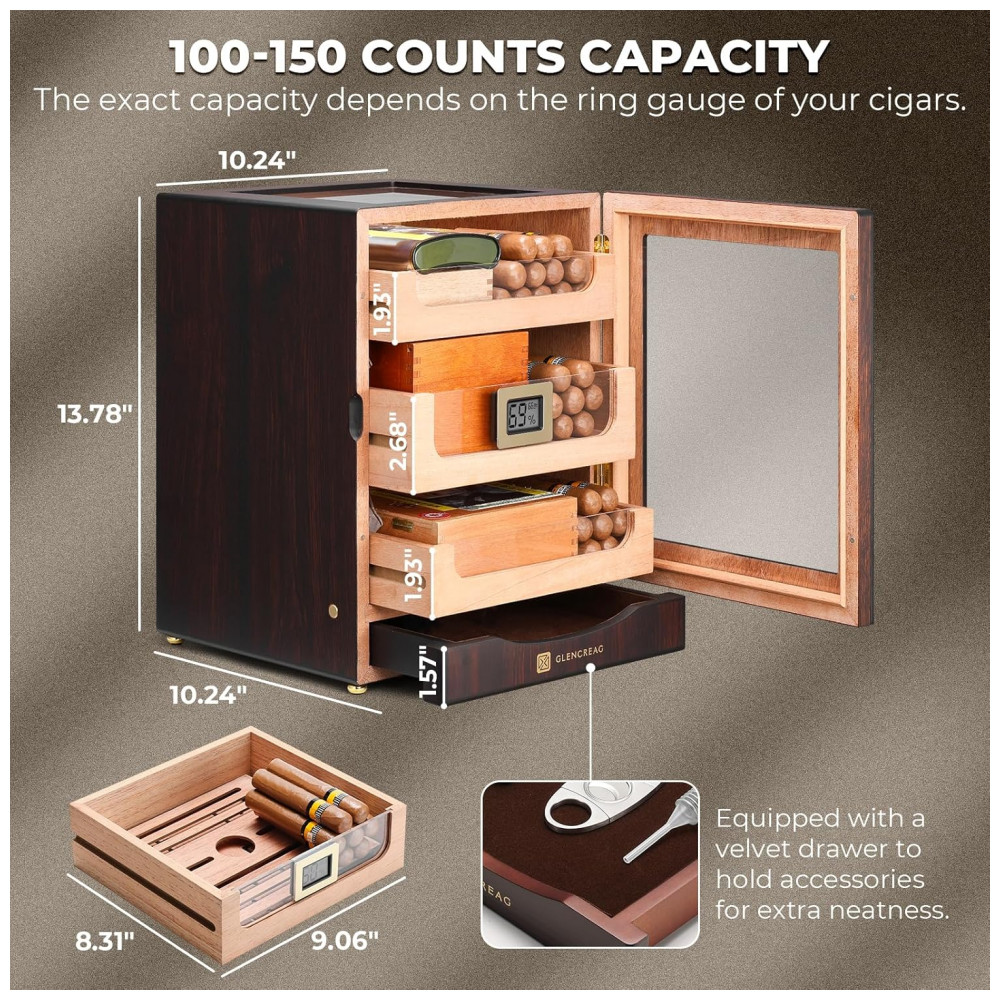 Gabinete Humidor Glencreag Marrom Avermelhado 150 Charutos LED 110V