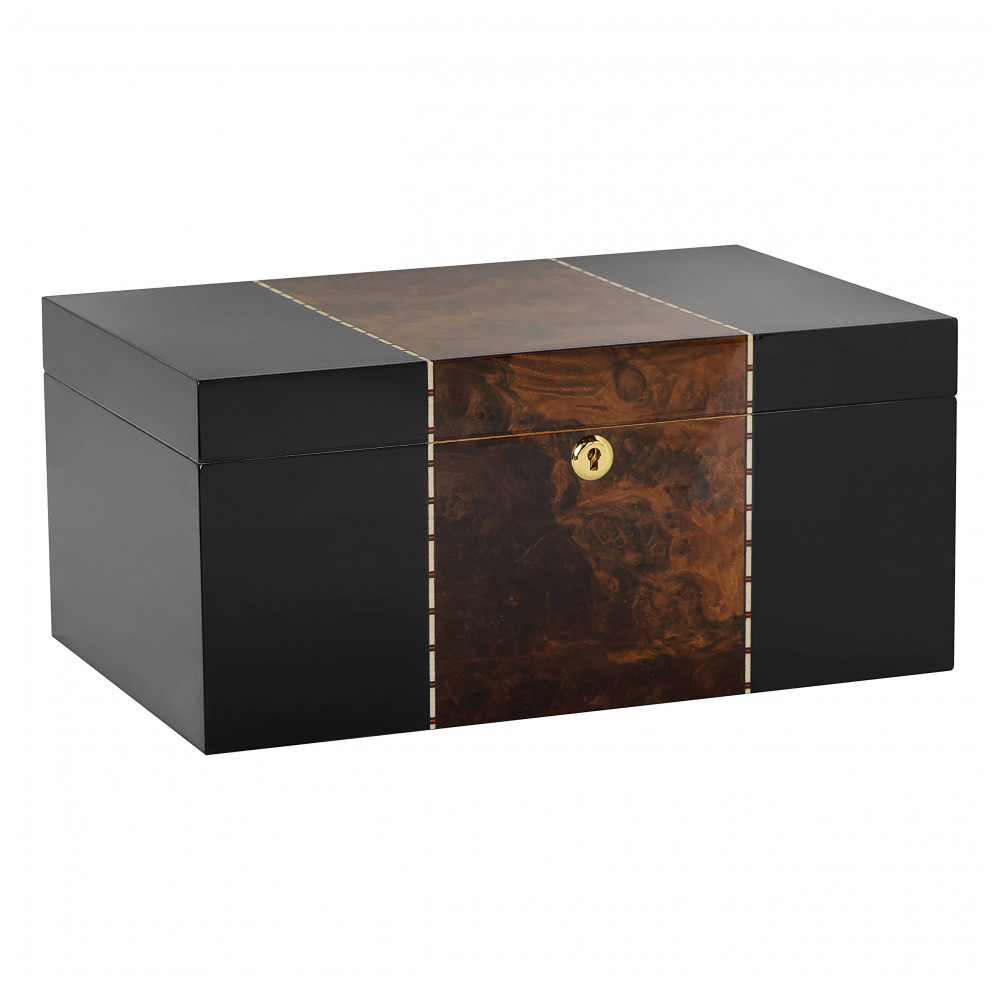 Humidor de Mesa Supreme Preto com Incrustações de Raiz de Nogueira para 45 80 Charutos