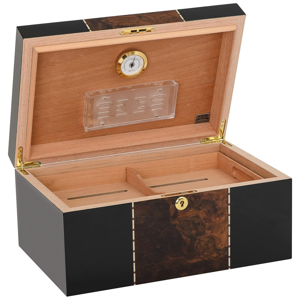 Humidor de Mesa Supreme Preto com Incrustações de Raiz de Nogueira para 45 80 Charutos