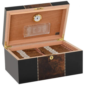 Humidor de Mesa Supreme Preto com Incrustações de Raiz de Nogueira para 45 80 Charutos