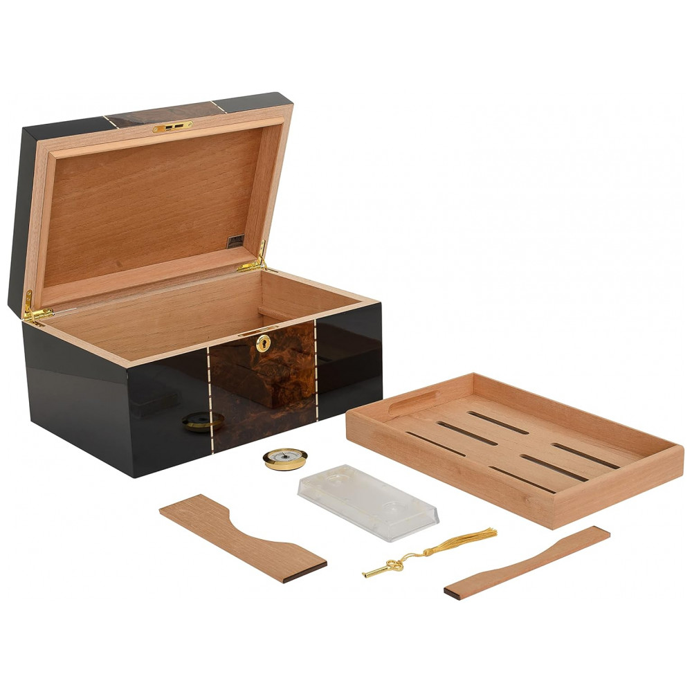 Humidor de Mesa Supreme Preto com Incrustações de Raiz de Nogueira para 45 80 Charutos