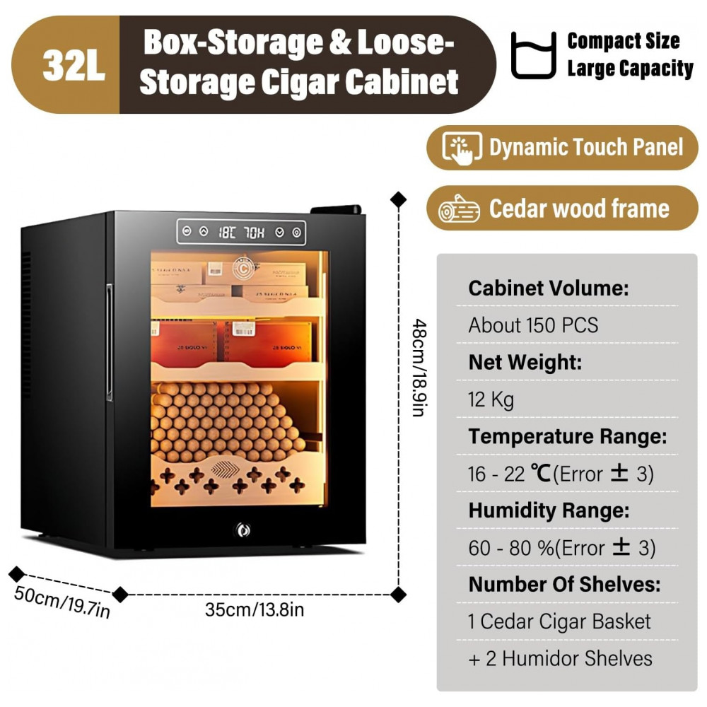 Humidor Elétrico PRECISTECH Preto 32L para 150 Charutos com Controle de Temperatura e Umidade