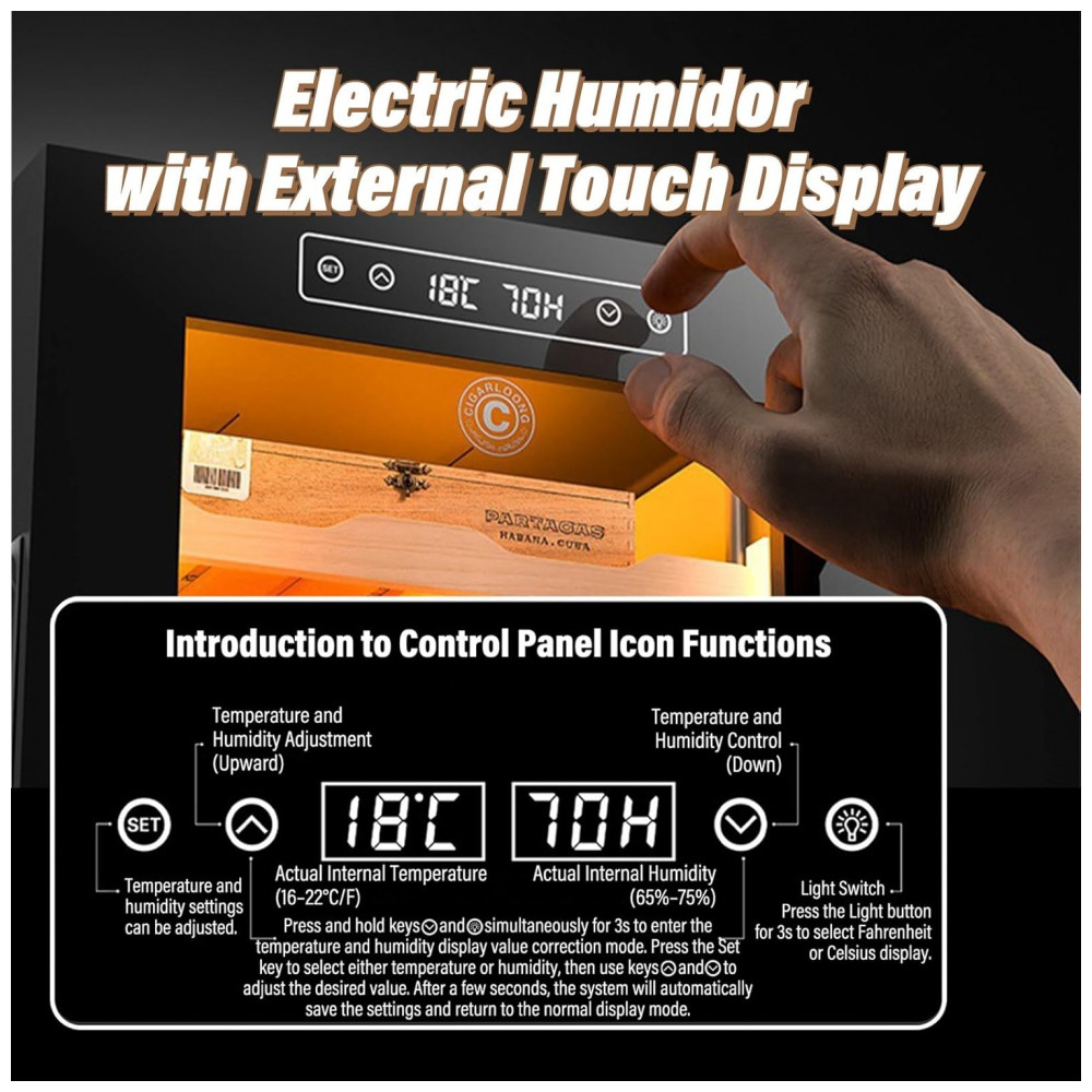 Humidor Elétrico PRECISTECH Preto 32L para 150 Charutos com Controle de Temperatura e Umidade