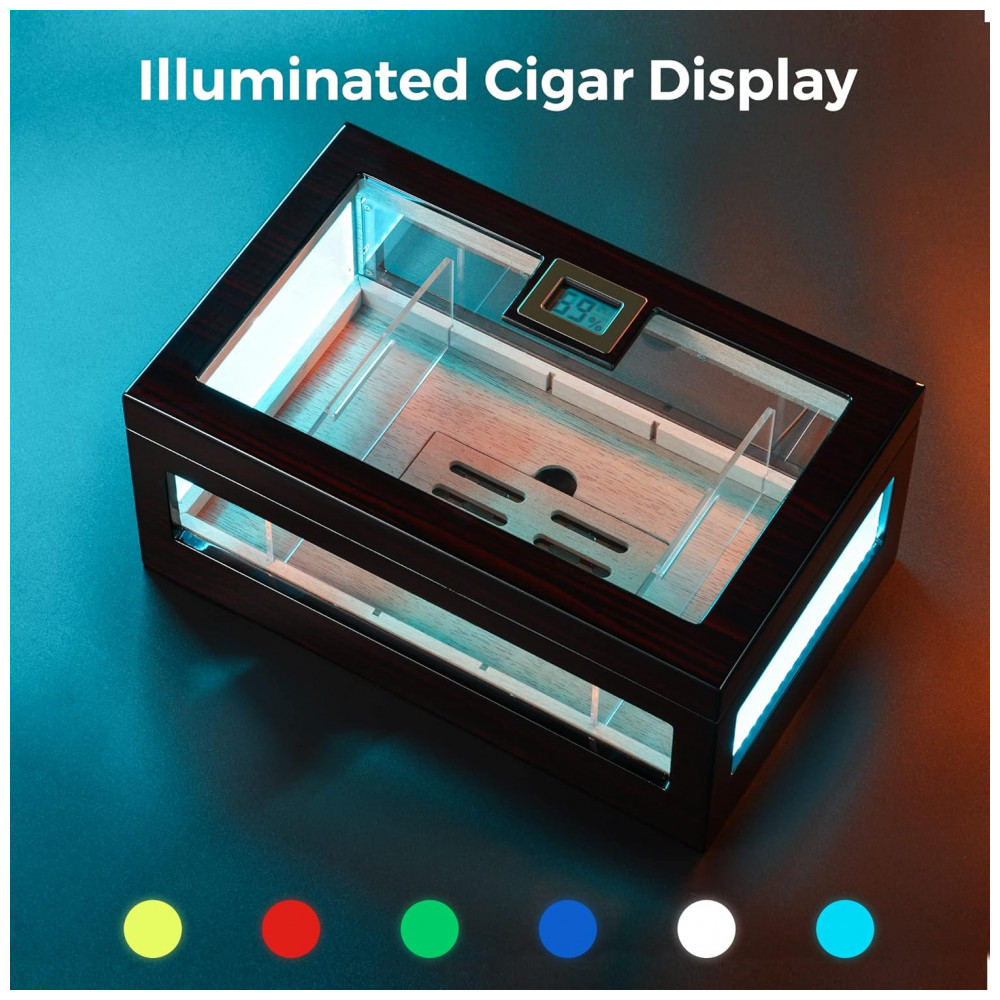 Humidor para Charutos Woodronic Cristal com Iluminação LED de 6 Cores e Higrômetro Digital 120 Unidades