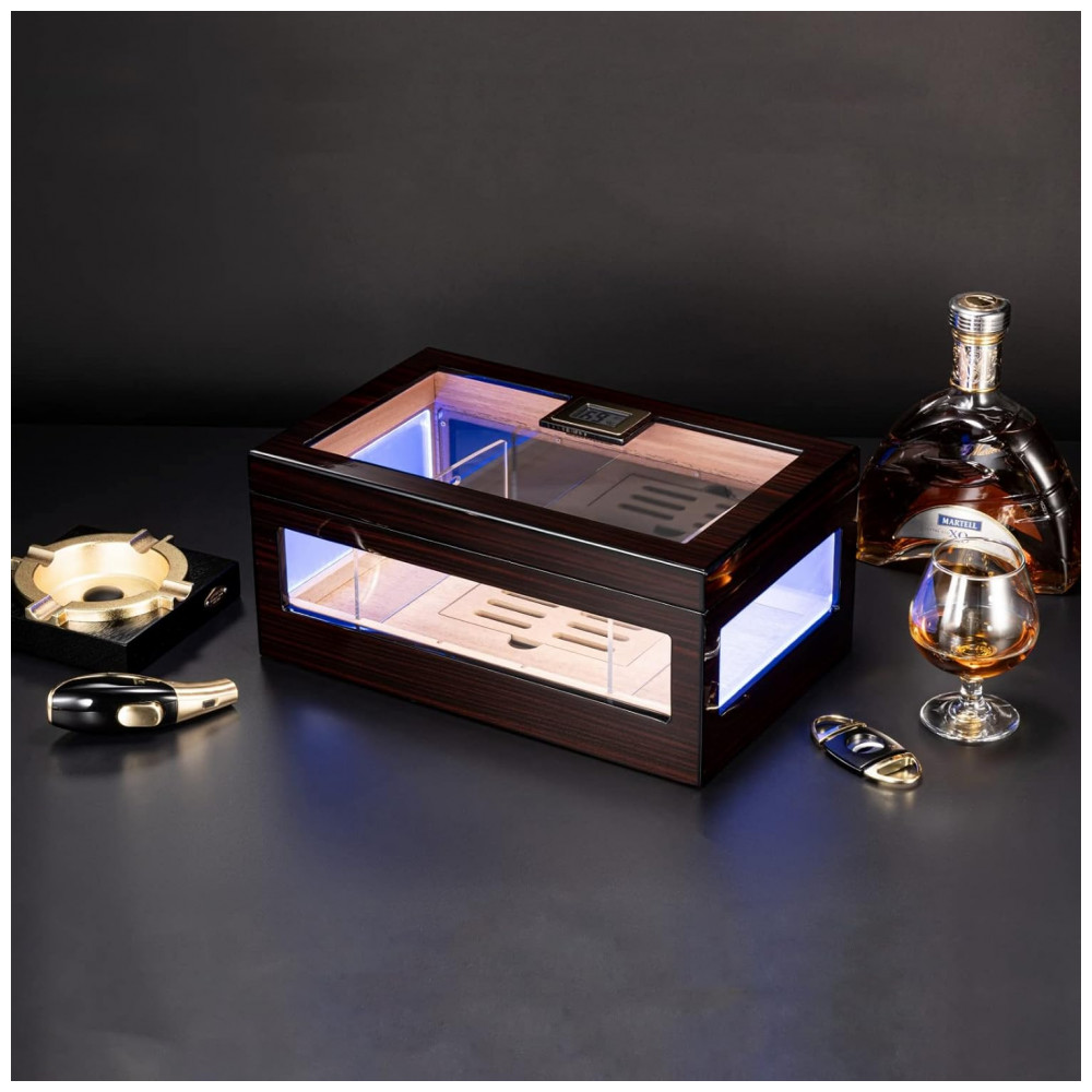 Humidor para Charutos Woodronic Cristal com Iluminação LED de 6 Cores e Higrômetro Digital 120 Unidades