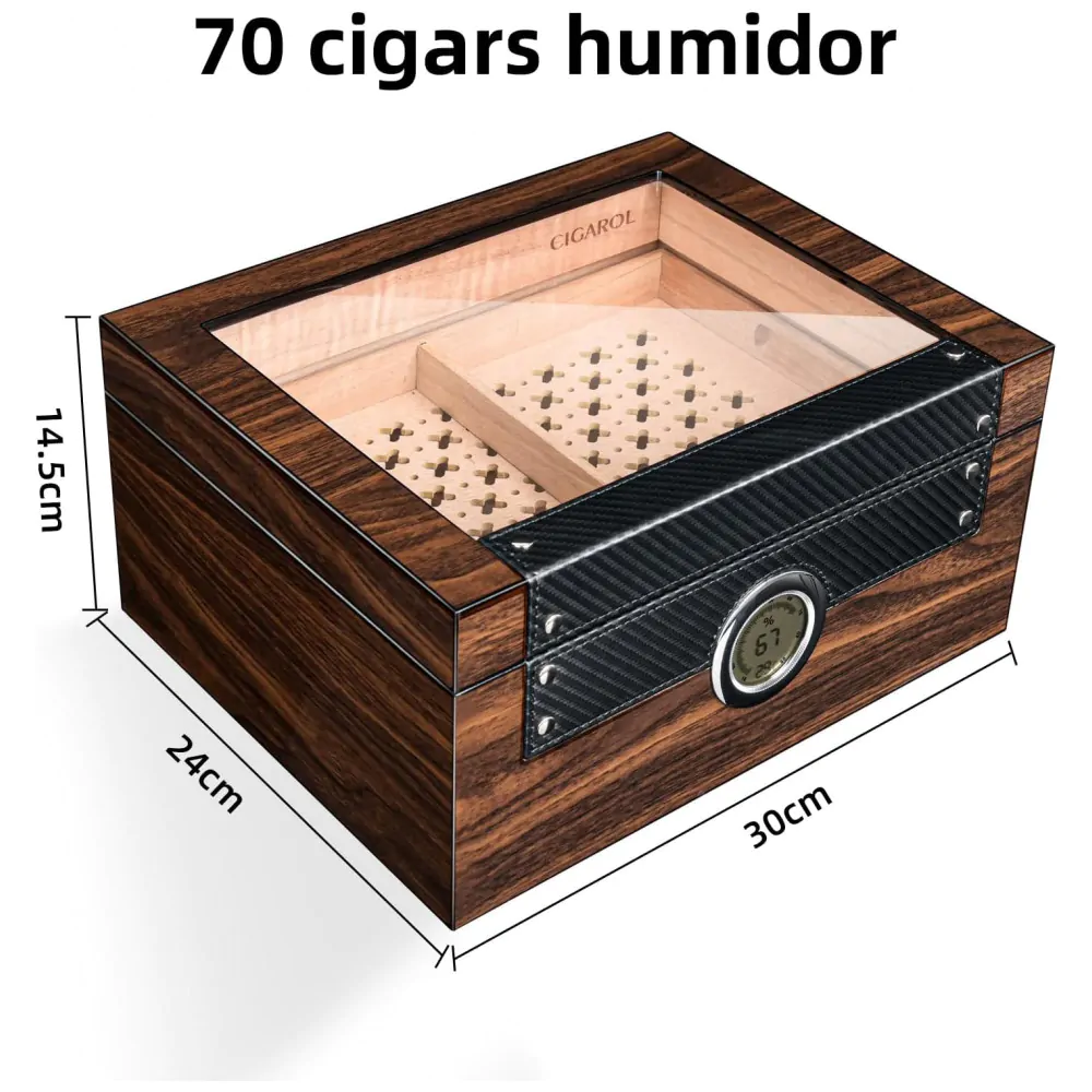 Humidor para Charutos Cigarol com Tampa de Vidro Madeira Cedro Espanhol Capacidade 70 75 Charutos