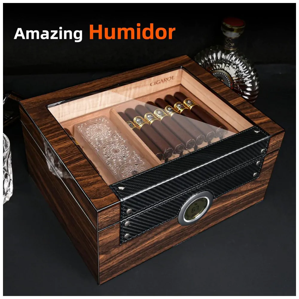 Humidor para Charutos Cigarol com Tampa de Vidro Madeira Cedro Espanhol Capacidade 70 75 Charutos