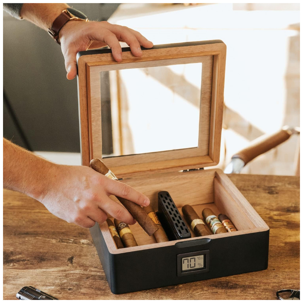 Humidor Case Elegance MAG Preto Fosco Capacidade 20 30 Charutos Vedação Magnética Higrômetro Digital