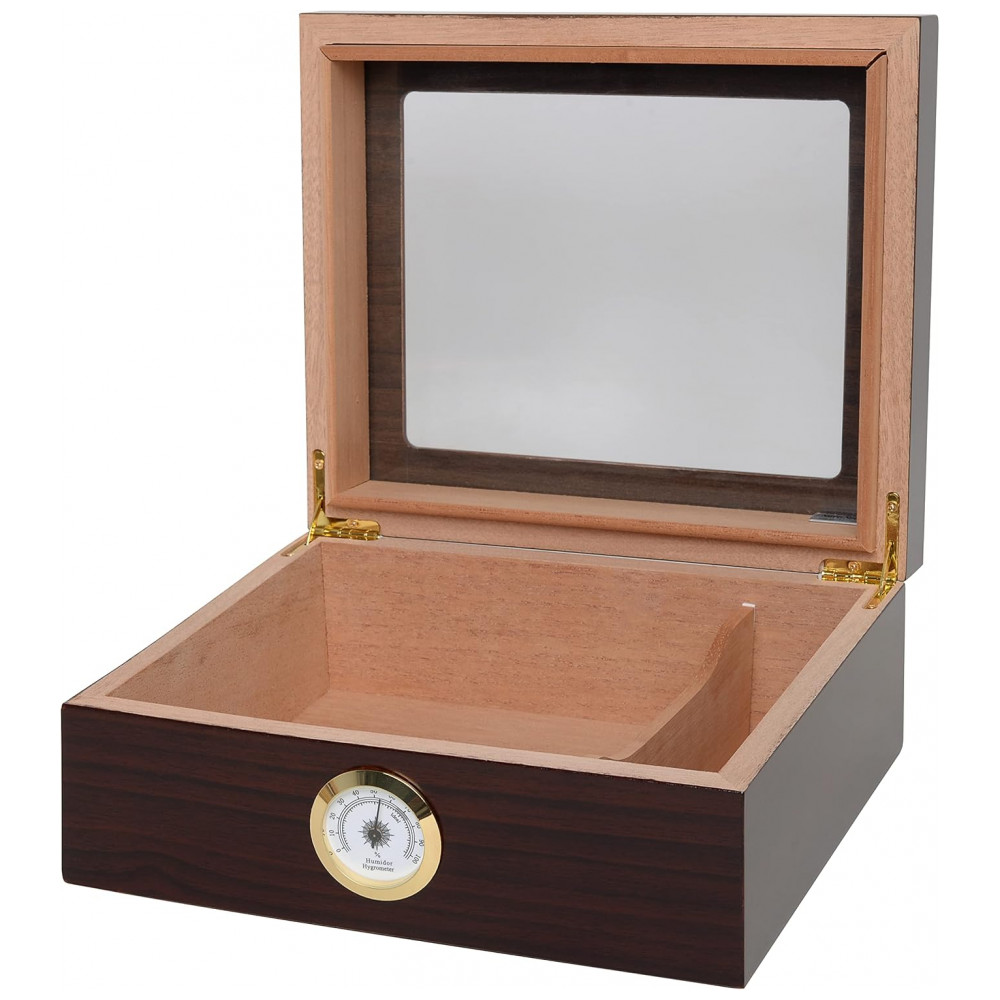 Humidor Desktop Quality Importers Capri Marrom com Tampa de Vidro e Cedro Espanhol 25 50 Charutos