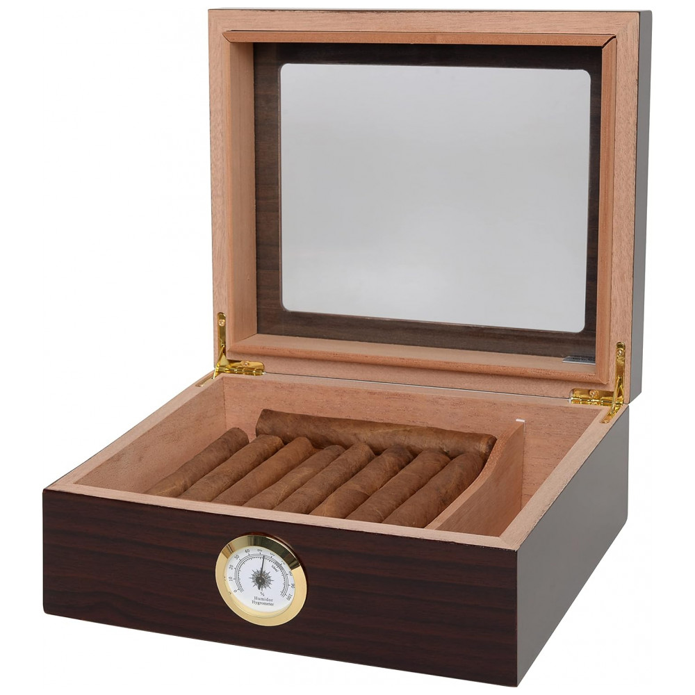 Humidor Desktop Quality Importers Capri Marrom com Tampa de Vidro e Cedro Espanhol 25 50 Charutos