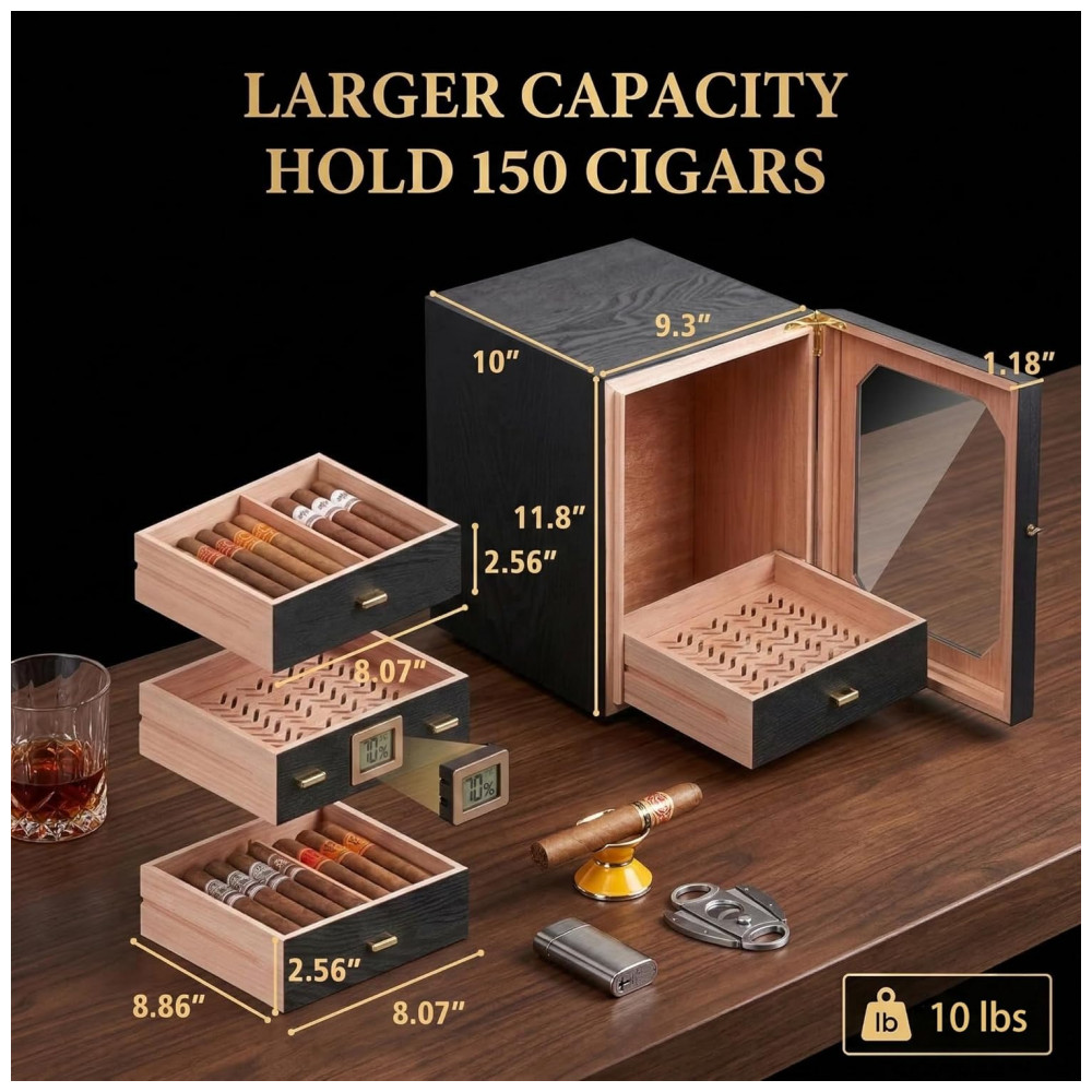 Humidor Epress Premium Preto Cedro Espanhol Capacidade 100 150 Charutos 4 Gavetas
