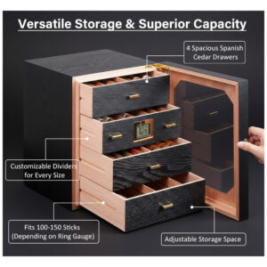 Humidor Epress Premium Preto Cedro Espanhol Capacidade 100 150 Charutos 4 Gavetas