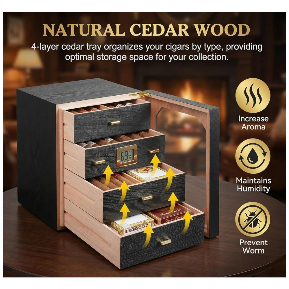 Humidor Epress Premium Preto Cedro Espanhol Capacidade 100 150 Charutos 4 Gavetas