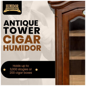 Humidor Armário Quality Importers Humidor Supreme Antique Tower 3000 Charutos Porta de Vidro Cedro Espanhol 183 cm