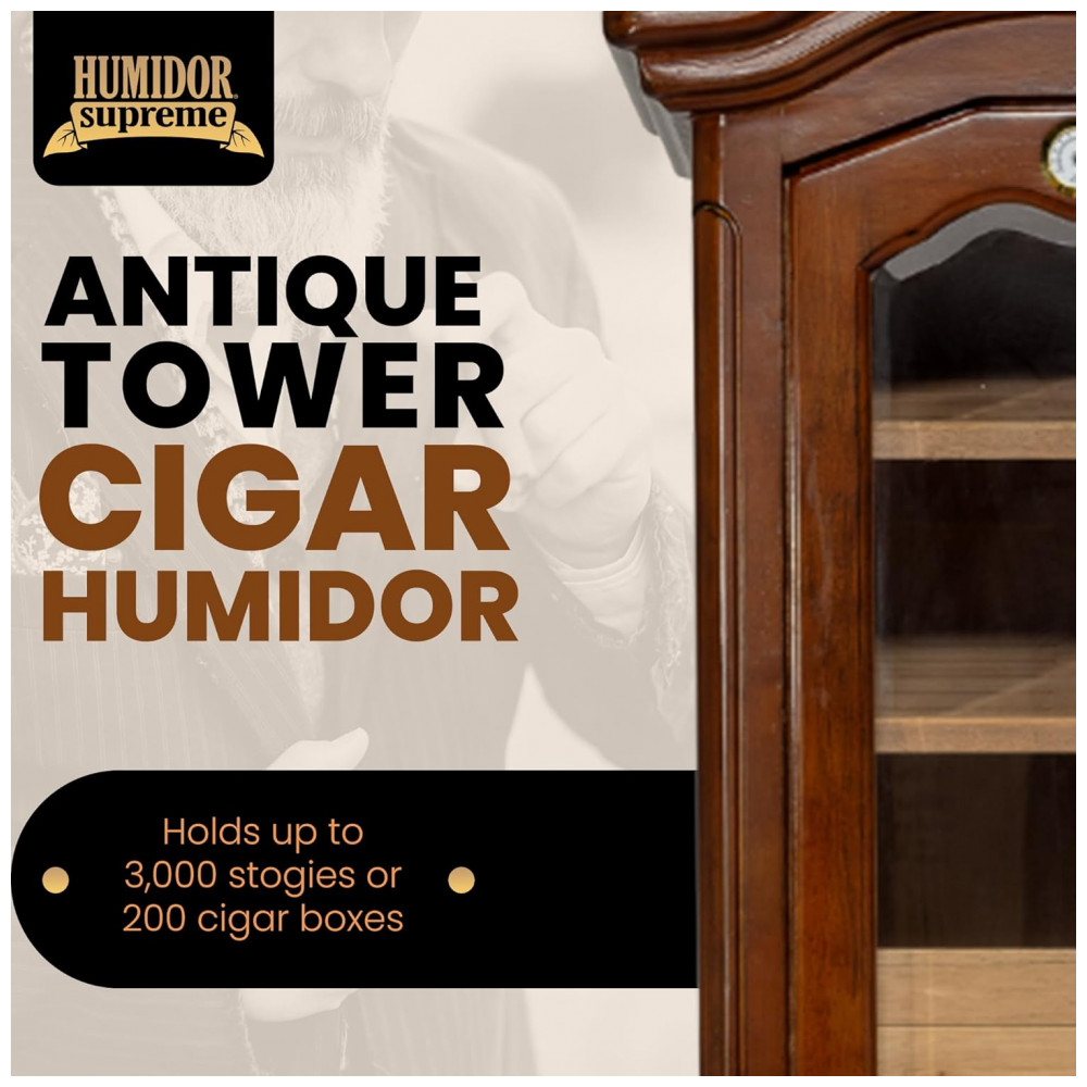 Humidor Armário Quality Importers Humidor Supreme Antique Tower 3000 Charutos Porta de Vidro Cedro Espanhol 183 cm