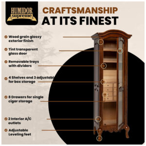 Humidor Armário Quality Importers Humidor Supreme Antique Tower 3000 Charutos Porta de Vidro Cedro Espanhol 183 cm