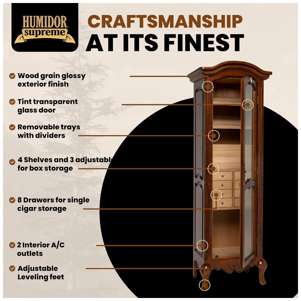 Humidor Armário Quality Importers Humidor Supreme Antique Tower 3000 Charutos Porta de Vidro Cedro Espanhol 183 cm