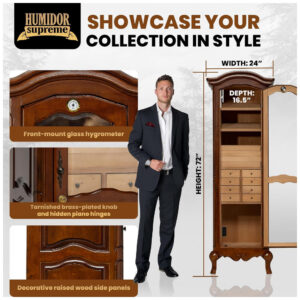 Humidor Armário Quality Importers Humidor Supreme Antique Tower 3000 Charutos Porta de Vidro Cedro Espanhol 183 cm