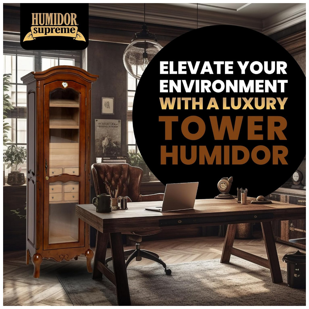 Humidor Armário Quality Importers Humidor Supreme Antique Tower 3000 Charutos Porta de Vidro Cedro Espanhol 183 cm