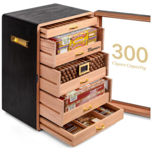 Humidor Marvero Preto Cedro 300 Charutos Higrômetro Digital Gavetas