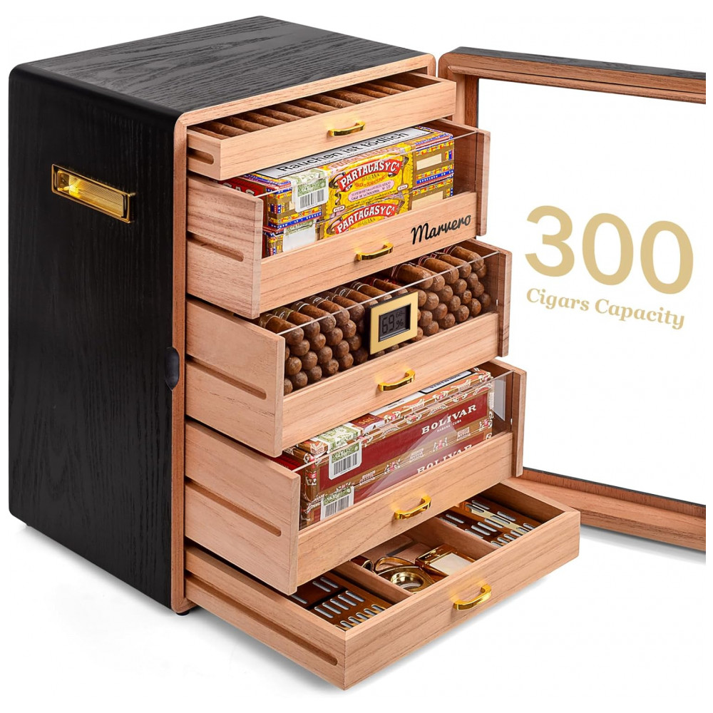 Humidor Marvero Preto Cedro 300 Charutos Higrômetro Digital Gavetas