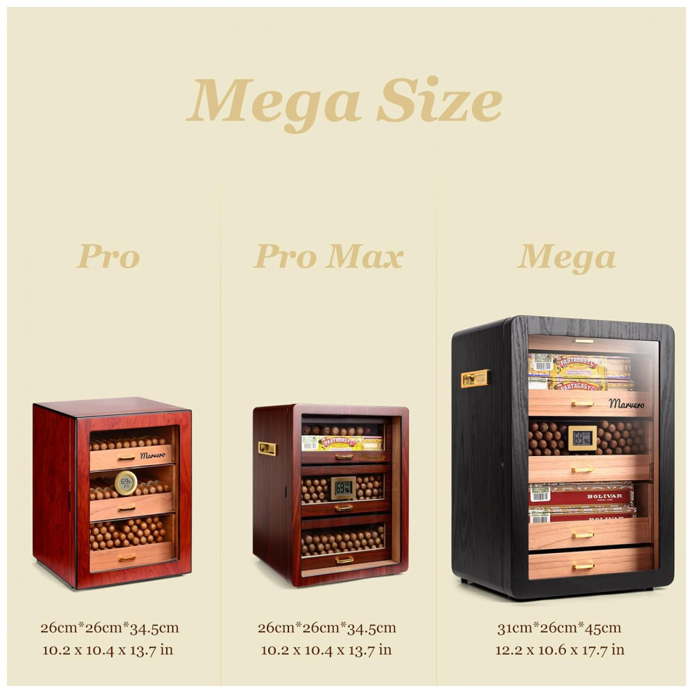 Humidor Marvero Preto Cedro 300 Charutos Higrômetro Digital Gavetas